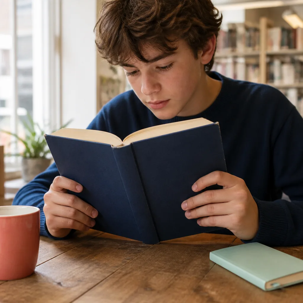 Un adolescent lit sous une lampe, une créature de nuit veille dans l'ombre